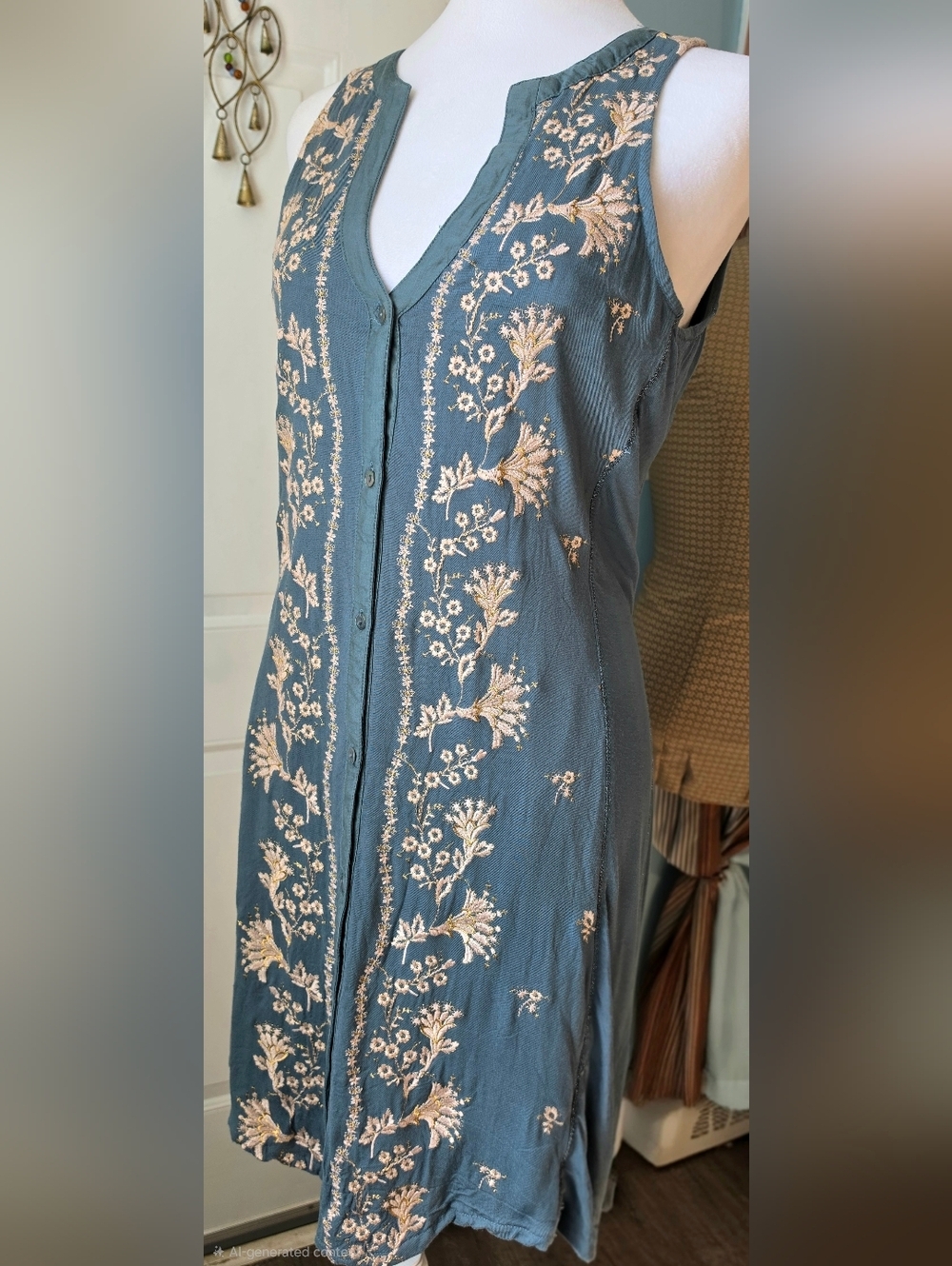 Anthropologie x Tiny Sydne Embroidered Shirt Dress Women's XS Teal Peach Floral